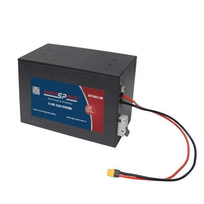 front view of 12.8V 75Ah lithium battery with M8 terminals and black casing