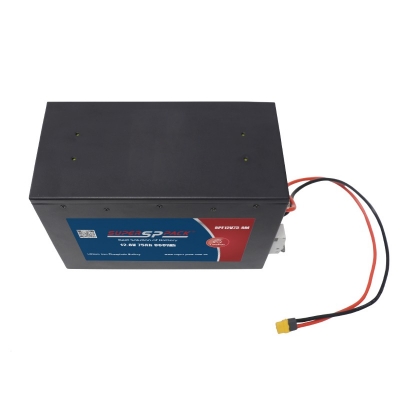 front view of 12.8V 75Ah lithium battery with M8 terminals and black casing